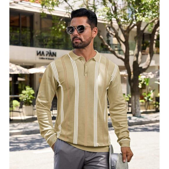 Men's Knit Polo Sweater Long Sleeve Striped Thermal Button Collar Sweater Khaki - Picture 6 of 7